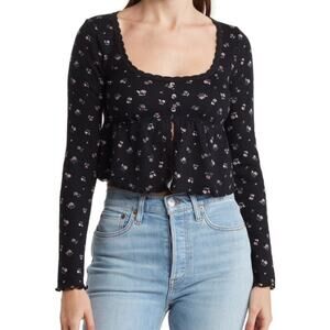 Kirious Long Sleeve Floral Babydoll Crop Top Button Front Waffle Knit Black Sz L